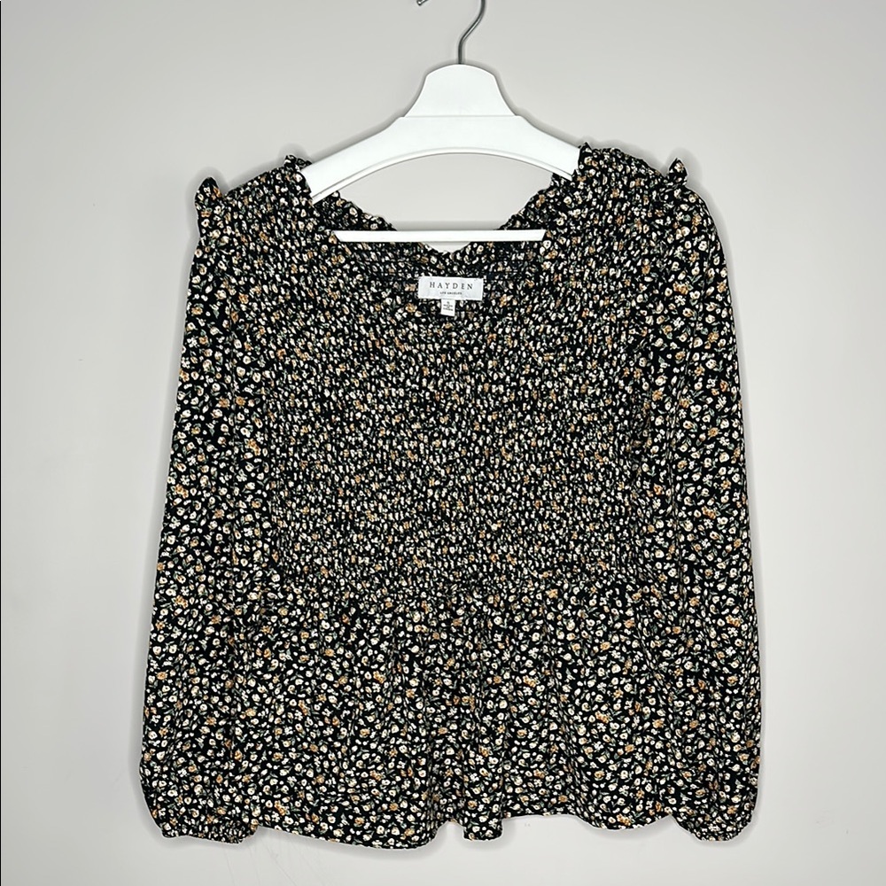 Hayden Black Smocked Floral Ruffled Blouse With Waist Tie